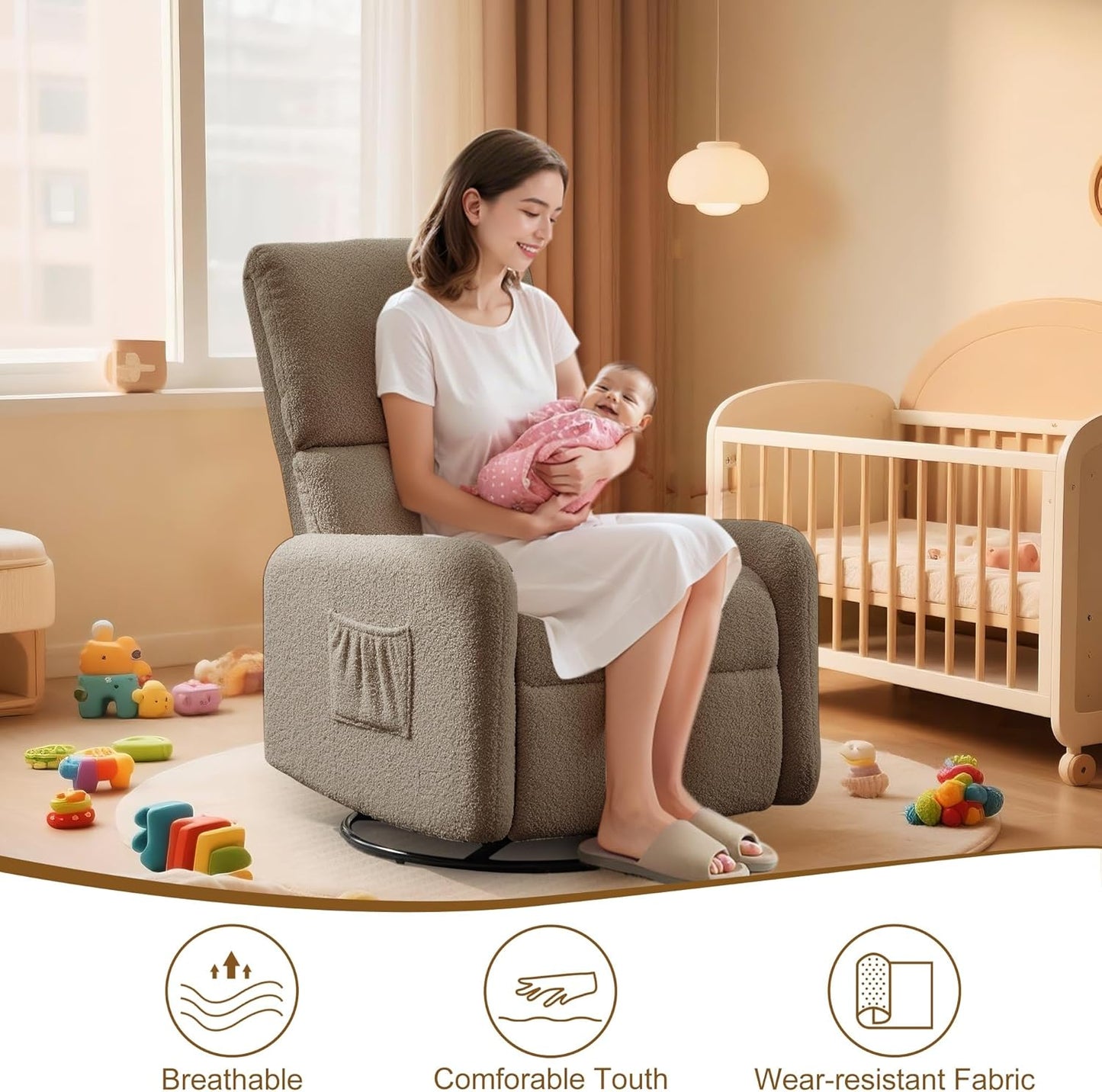 Korser 360° Rocking Chair, Nursery Rocker Chair with Side Pockets, Glider Nursing Chair with Steel Structure Base, Small Chair for Small Spaces, Sherpa Swivel Accent Chairs for Living Room, Nursing