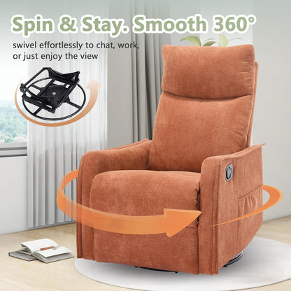 cinkehome Swivel Rocker Recliner, Glider Rocker Recliner Chair for Nursery, Manual Reclining Chair with Heated Massage, Small Spaces, Living Room, Khaki Chenille