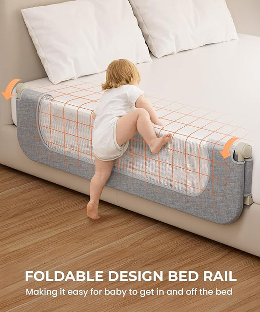 Bed Rail for Toddlers – 71" Swing Down Bed Guard with Double Crossbar Stability, Gap-Free Anti-Pinch Design for Queen & King Size Beds, Quick No-Tool Install (Gray, 71in)