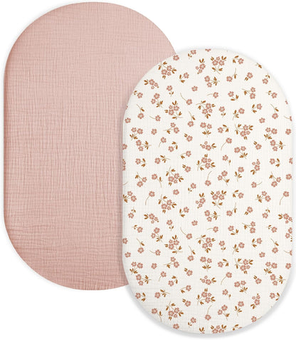 Muslin Bedside Bassinet Sheets 2 Pack, 33x20 Fitted Ultra Soft & Breathable Bedside Sleeper Sheets, Ideal for Baby Girl and Boy, Perfect for Newborns (Hopping Bunnies & Beige)