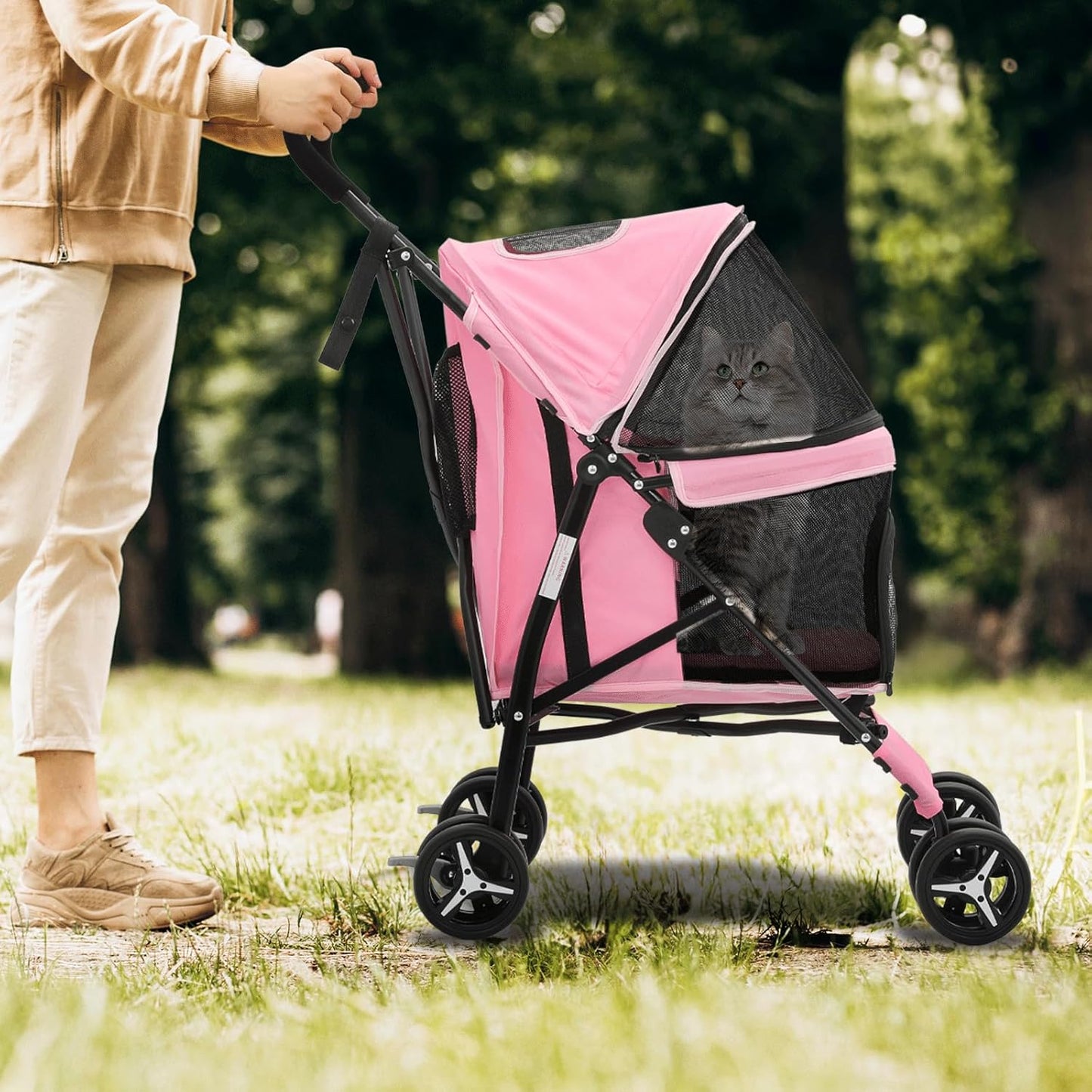 Magshion Compact Pet Stroller for Small-Medium Dogs/Cats up to 22lbs, 4-Wheel Lightweight Umbrella Shaped Portable Puppy Travel Jogger with Breathable Mesh, Cup Holder & Rear Storage, Black