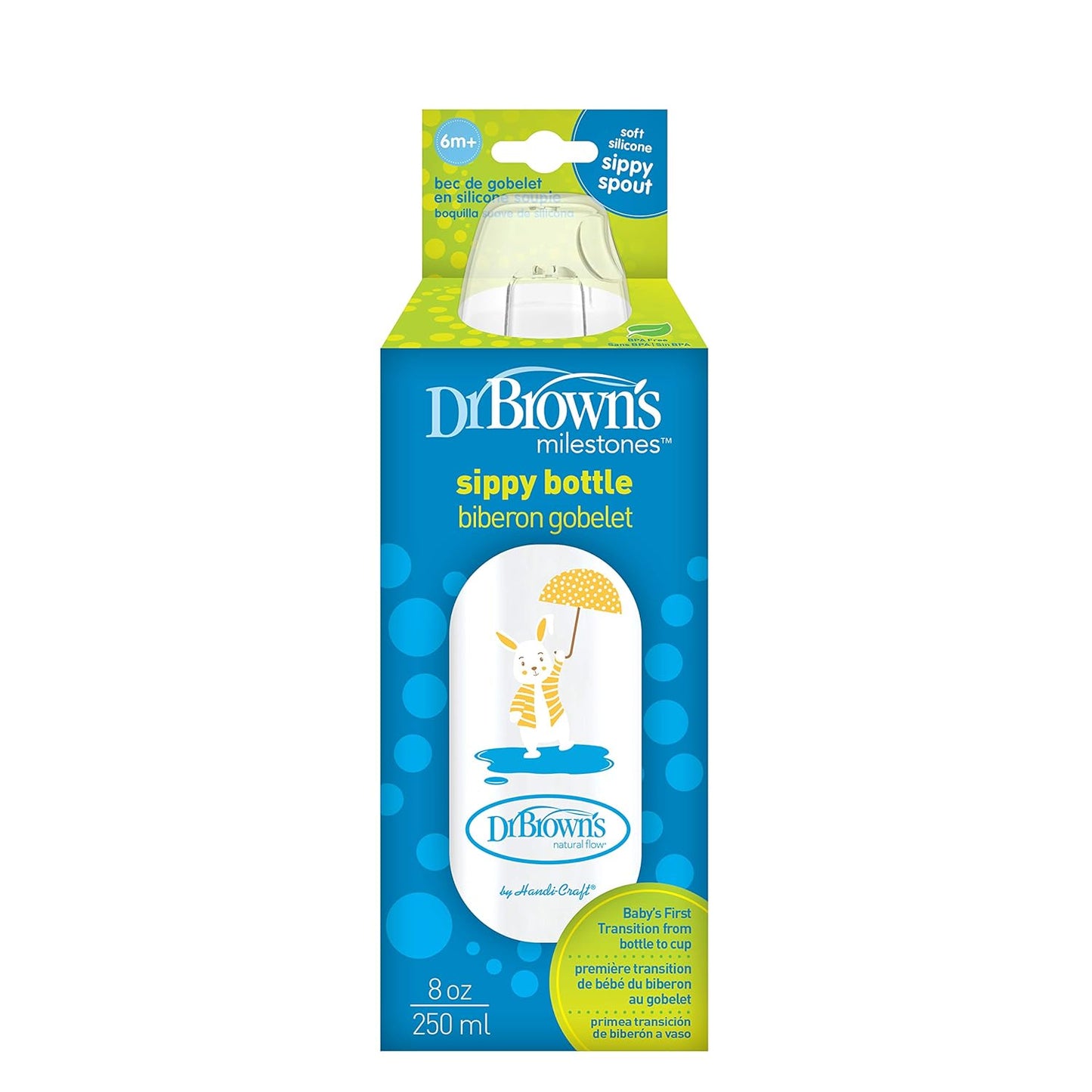 Dr. Brown's Milestones Narrow Sippy Bottle, 100% Silicone Soft Sippy Spout, 8oz/250mL, Flamingo & Bunny, 6m+