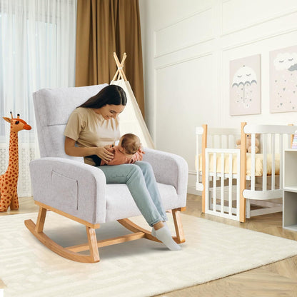 Rocking Chair Nursery, Upholstered Nursing Rocker Chair for Mom with High Backrest and Side Pockets for Bedroom Living Room, Beige