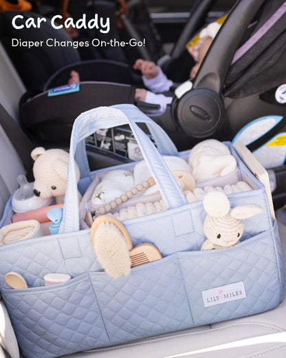 Lily Miles Baby Diaper Caddy Organizer, Quilted Nursery Storage Basket for Newborn Essentials and Diaper Changing Station, Gift for Baby Shower and Registry Must-Have (Willow Green)