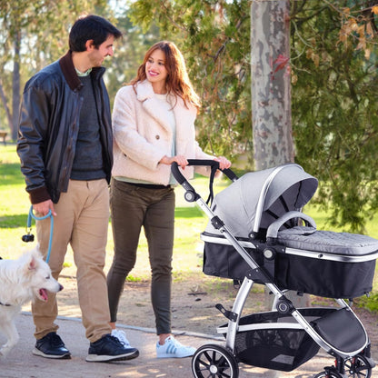 Baby Stroller, 2-in-1 Reversible Toddler Seat with Lie-Flat Mode, Foldable Infant Stroller with Canopy, One Button Brake, Adjustable Handle, Newborn Pushchair (Black B)
