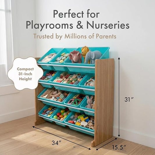 Humble Crew Toy Storage Organizer with 12 Removable Storage Bins for Kids Playroom, 4-Tier Toddler Toy Organization and Storage, Natural Wood/Aqua
