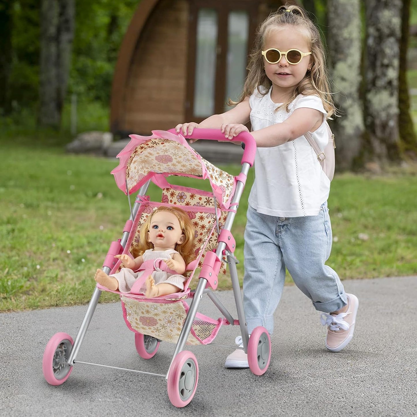 GAGAKU Baby Doll Stroller for Toddlers, Foldable Toy Stroller with Storage Basket and Bag, Diapers - Reborn Doll Accessories for Girls & Kids Ages 3+, Pink