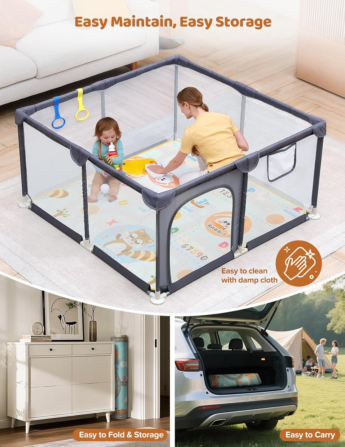 Dripex Baby Playpen, 47"x47" Small Playpen for Babies, Enhanced Safety Baby Play Yard for Indoor & Outdoor, Infant Play Pen with Soft Breathable Visible Mesh, Anti-Fall Design & Easy Setup, Grey