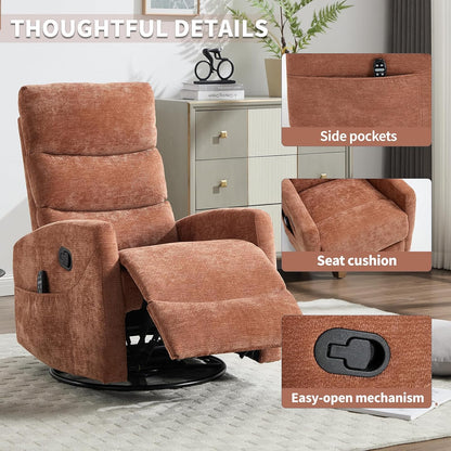 Massage Chair Recliner with Heat, Swivel Rocking Chair Recliner with High Back, Manual Nursery Recliners for Adults,Small Recliner Chair for Small Spaces, Living Room Bedroom, Fabric (Blue Green)
