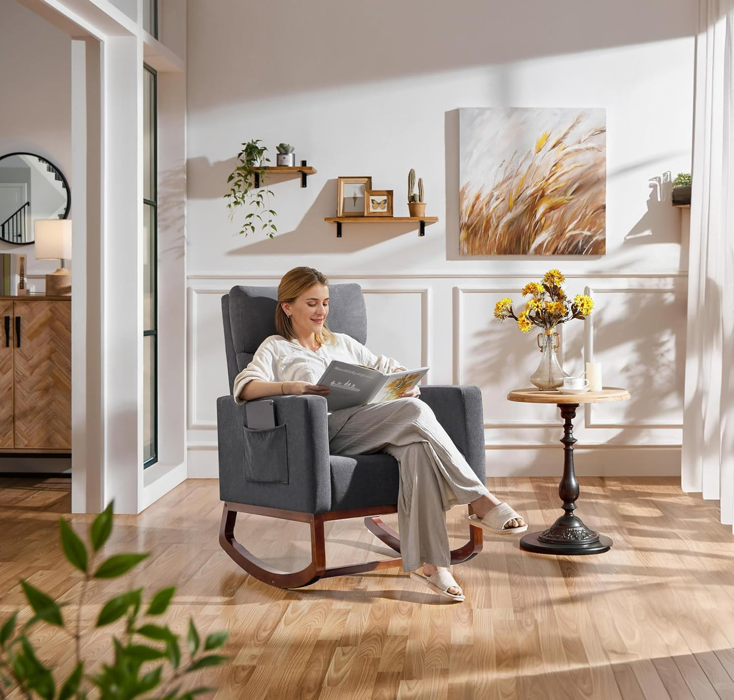 Yaheetech Upholstered Rocking Chair, Boucle Glider Chair Nursery Chair with High Back and Side Pocket, Rocking Accent Armchair with Rubber Wood Legs for Living Room/Bedroom/Nursery, Ivory