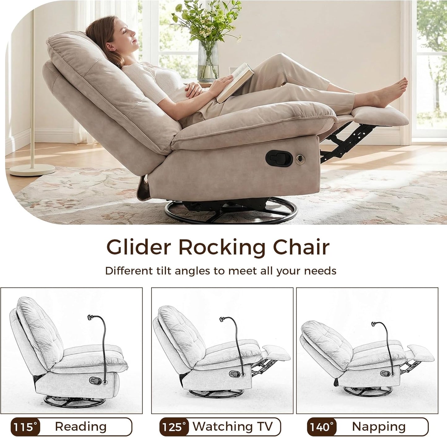 Swivel Rocker Recliner Chair for Adult, Glider Nursery Rocking Chair, Armless Manual Single Recliner Sofa for Living Room, Oversized & Overstuffed, Phone Holder Included, Light Brown Velvet