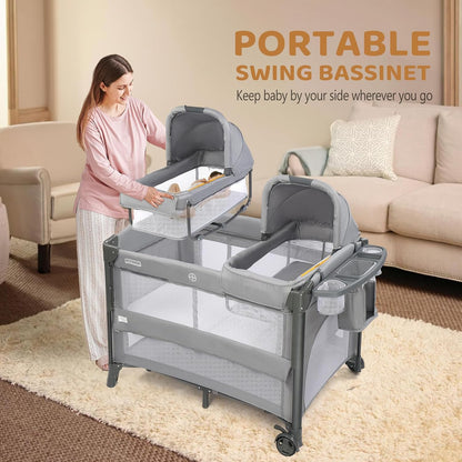 JOYMOR Twin Bassinet for Baby, Beige Bedside Bassinet, Convertible to Bedside Sleeper and Playpen, with Wheel, Brake, Foldable Side Sleeper,Beige