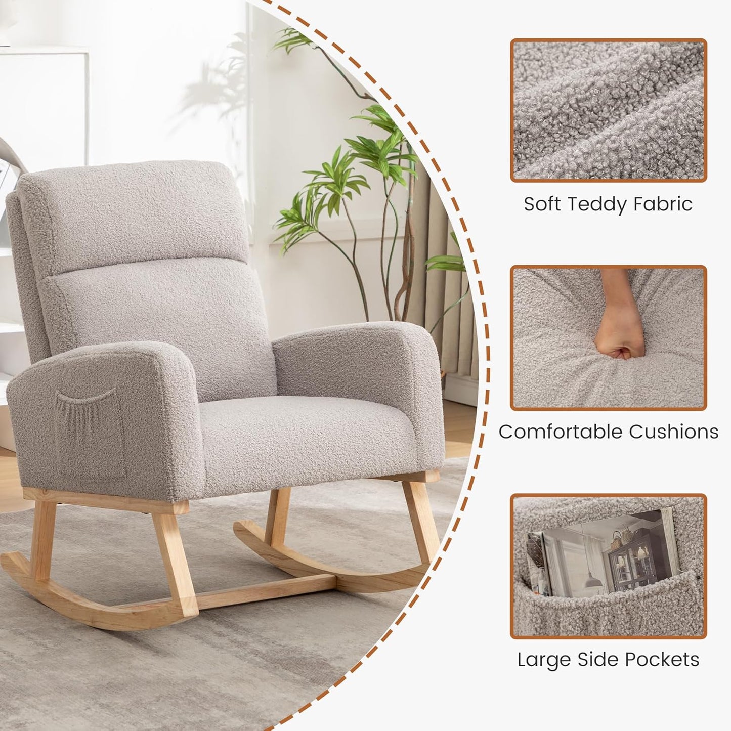 Rocking Chair Nursery - Glider Modern Accent Chairs Upholstered Nursing Rocker Padded Armchair for Indoor Living Room Bedroom Beige