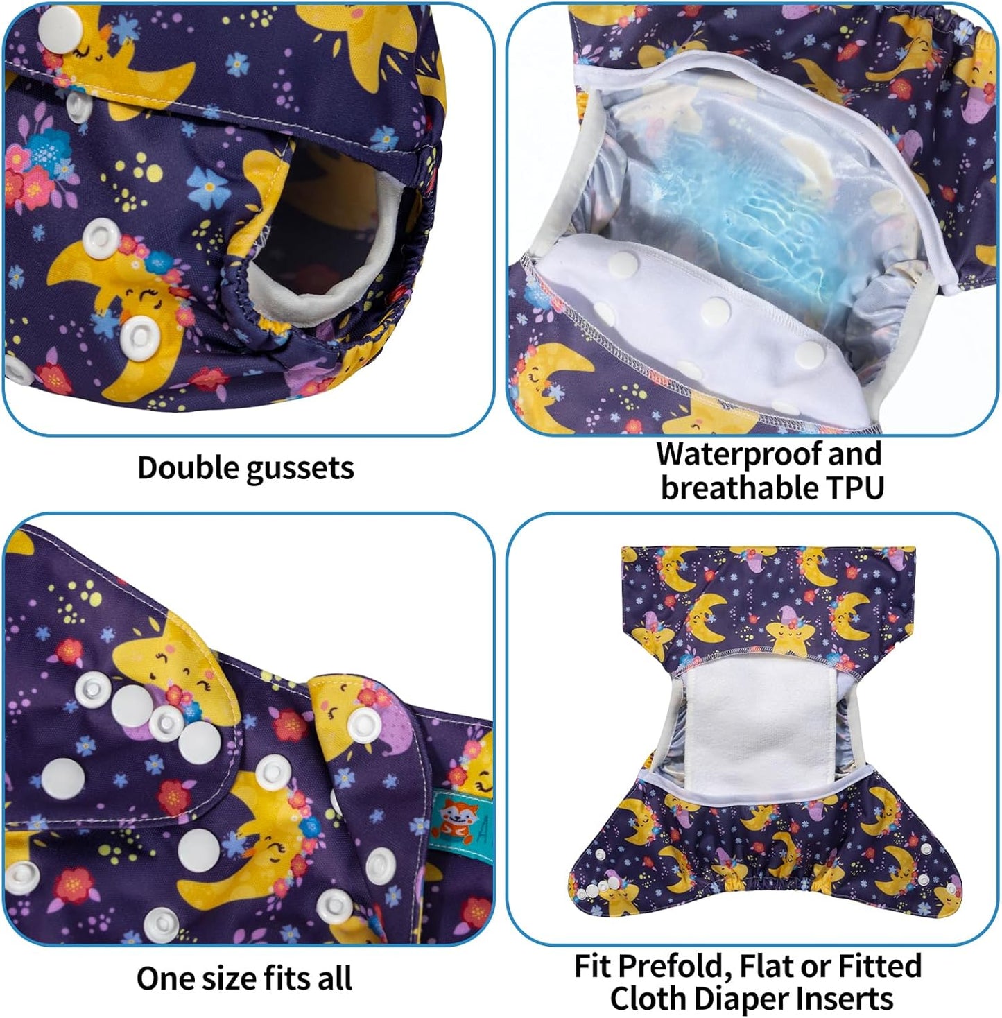 ALVABABY 6pcs Cloth Diaper Covers &1 Wet Dry Bag, Washable Reusable Cloth Nappy Shell for Prefold with Multi-Functional Bag, Flat or Fitted Diaper Inserts 6NKZ06