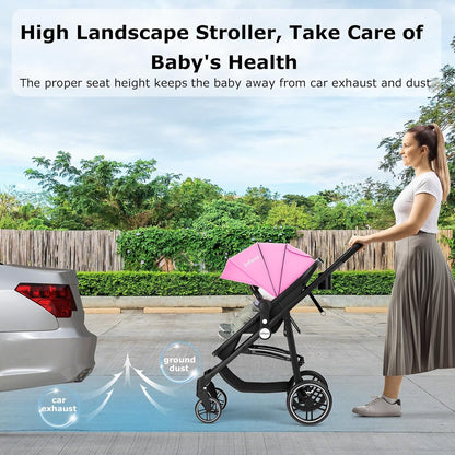 INFANS 2 in 1 Baby Stroller, High Landscape Infant Stroller & Reversible Bassinet Pram, Foldable Pushchair with Adjustable Canopy, Storage Basket, Cup Holder, Suspension Wheels (Black)