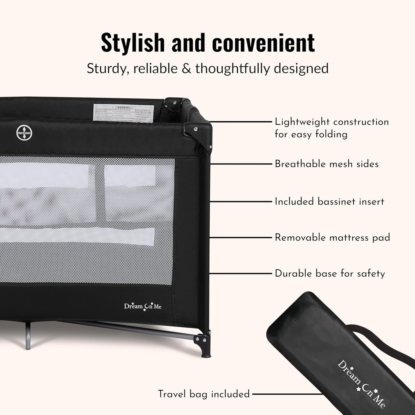 Dream On Me Zazzy Portable Playard with Bassinet in Black, Lightweight Packable and Easy Setup Baby Playard with Mattress and Travel Bag