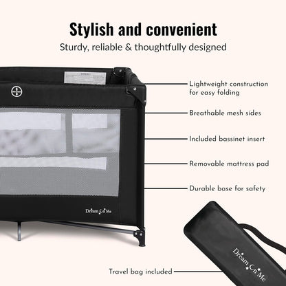 Dream On Me Zazzy Portable Playard with Bassinet in Black, Lightweight Packable and Easy Setup Baby Playard with Mattress and Travel Bag