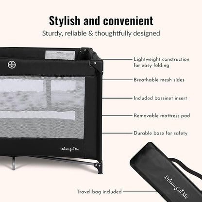 Dream On Me Zazzy Portable Playard with Bassinet in Black, Lightweight Packable and Easy Setup Baby Playard with Mattress and Travel Bag