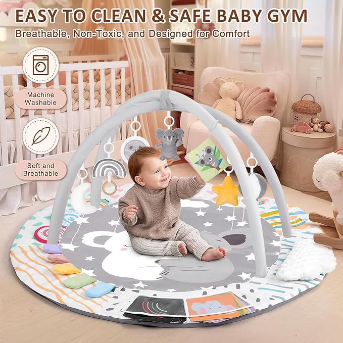 Baby Play Gym & Activity Mat, Tummy Time Mat with Cloud Toy, 7 Detachable Sensory Toys and Educational Cards for Motor Skills & Sensory Development, Baby Essentials Shower Gift, Grey Koala