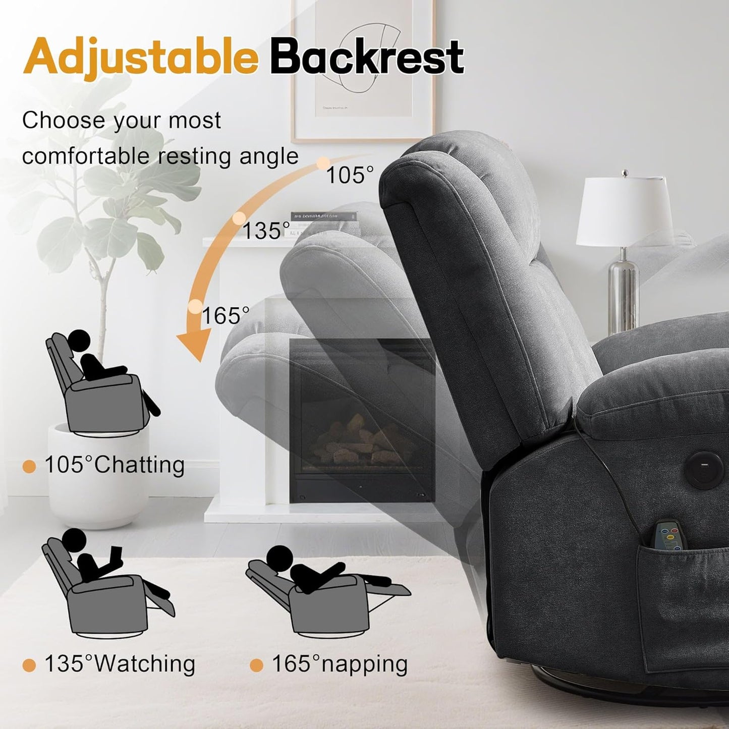 Korser Rocker Recliner, Glider Recliner Chairs for Adults, 360° Swivel Rocking Chair with Massage and Heating, Nursery Chair with Storage and USB Charging for Living Room, Bedroom, Nursery