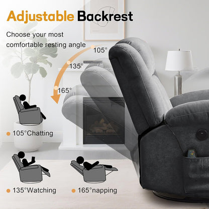 Korser Rocker Recliner, Glider Recliner Chairs for Adults, 360° Swivel Rocking Chair with Massage and Heating, Nursery Chair with Storage and USB Charging for Living Room, Bedroom, Nursery