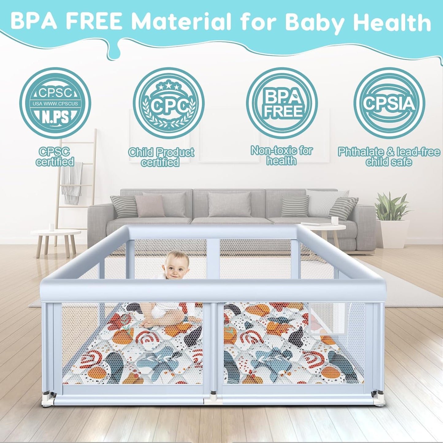 Fshibila 74" ×50" Large Baby Playpen, Baby Playard for Babies and Toddlers, Baby Fence Play Pens for Indoor & Outdoor, Sturdy Safety Play Yard with Soft Breathable Mesh, Anti-Fall, Grey