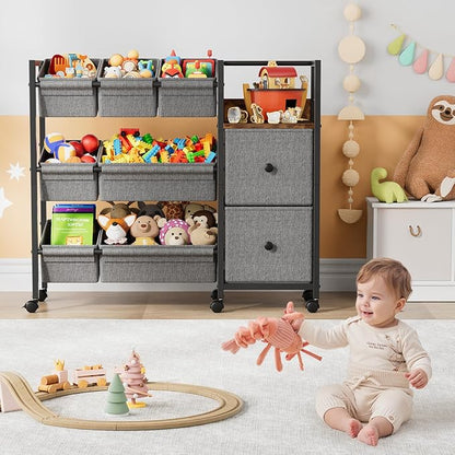 Modanais Kids Toy Organizers and Storage Bins - 7 Storage Bins + 2 Fabric Drawers + 1 Bookshelf, Playroom Storage, Mobile Cart Organizer for Toy, Clothes, Blankets and Books - Black