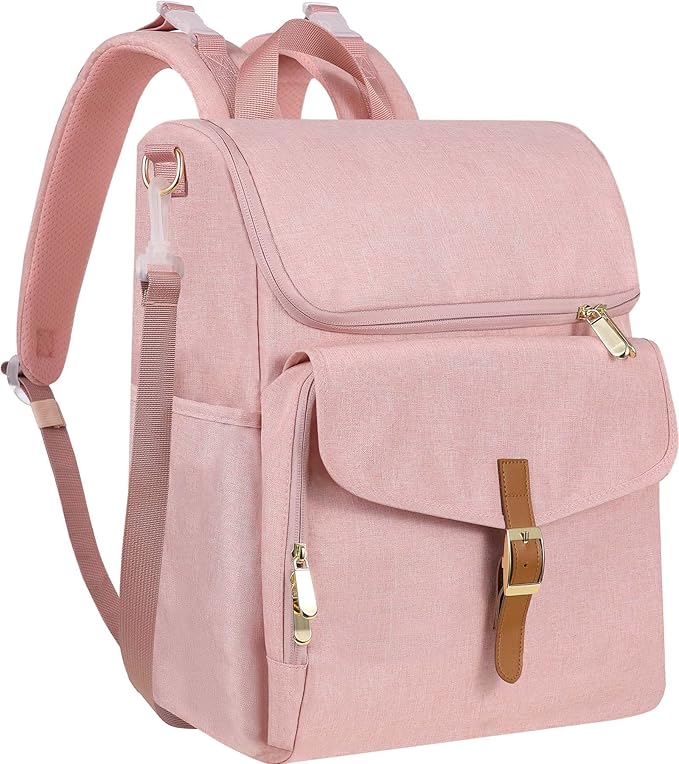 Baby Diaper Bag Backpack, 15 Pockets Newborn Baby Essential Travel bag, Multi Function Water Resistant Tote bag, Balancing Work and Life for Mon and Dad Pink
