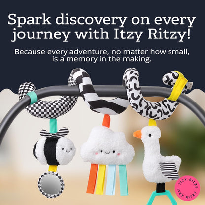 Itzy Ritzy Spiral Car Seat & Stroller Activity Toy - Stroller & Car Seat Toys for Ages 0 Months and Up - Hanging Toys Include Dangling Ring, Mirror and Textured Ribbons (Veggie)