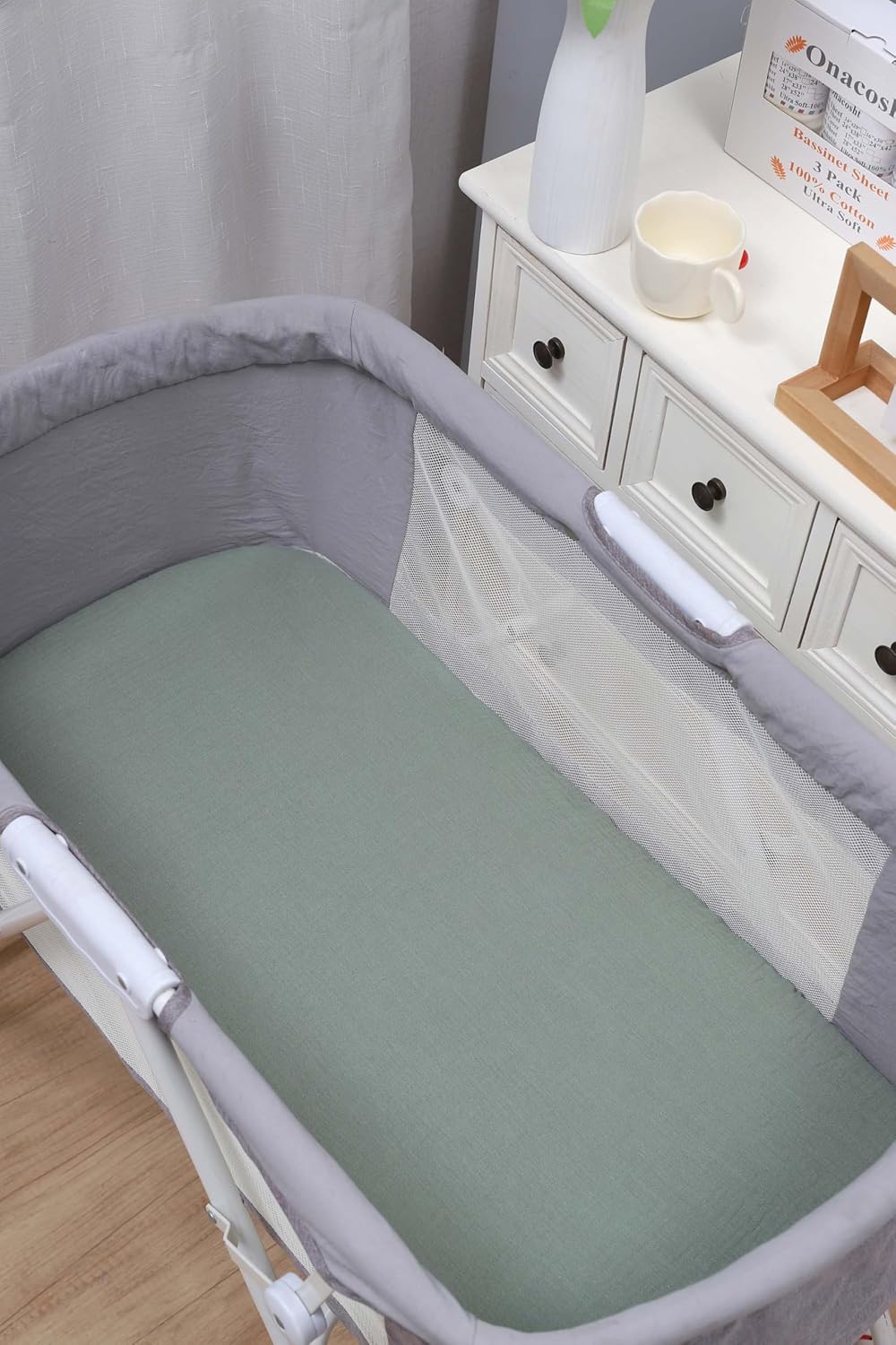 Onacosht Muslin Bassinet Sheets 3 Pack, 100% Cotton Baby Fitted Sheet 33" x 19" Compatible with Mika Micky, KoolaBaby (3 in 1), BabyBond, HARPPA and RICUTON Bedside Bassinet, Green, Floral and Cactus