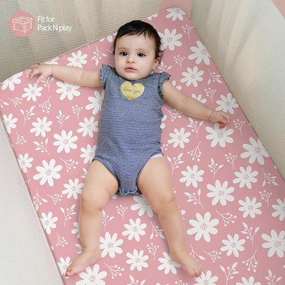 Baby Mini Crib Sheets Girl, Portable 38”x26” Pack and Play Sheets Fitted for Playard and Pack N Play Mattress, 3-Pack Soft Microfiber Pink Rainbow