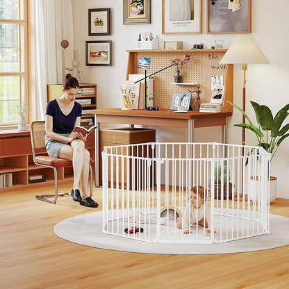 190" Extra Wide Baby Gate Playpen, Adjustable Baby Fence Play Yard, Long Dog Gates Indoor for Stair Doorway Fireplace, Large Child Gate for Toddler Kid Pet, Family Essentials Safty Gate, White