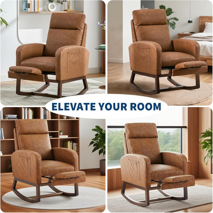 Modern Nursery Rocking Chair, Teddy Upholstered Rocking Chair with Footrest, Comfortable Rocker Recliner with Side Pocket, Rocker Glider for Living Room, Bedroom, Nursing Room