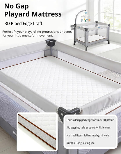 Pack and Play Mattress 38"x26" Playard Baby Pad for Pack n Play, No Gap Safer 3D Piped Edge, 1.5" Thick Medium Firm, Breathable Waterproof Washable Cover, White