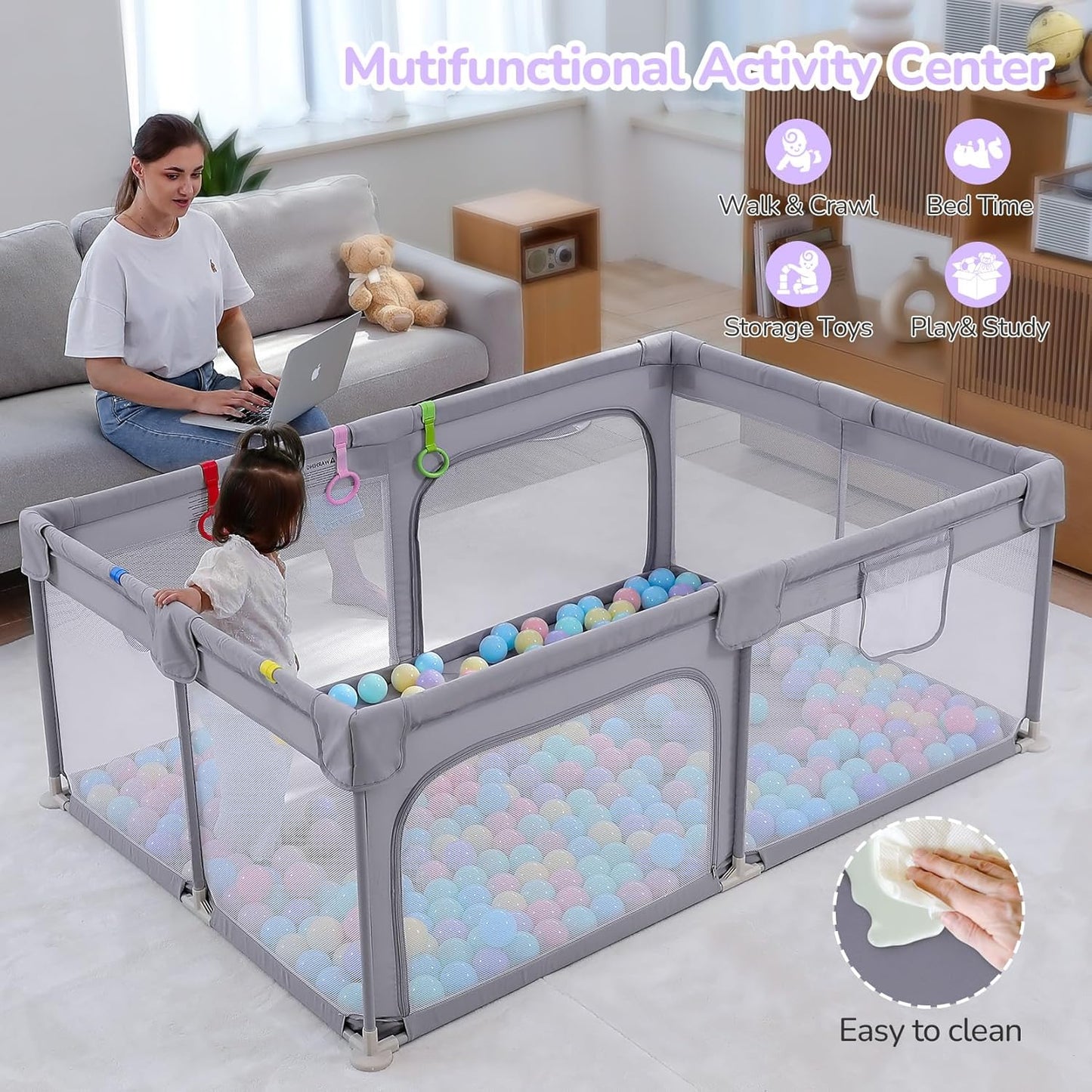 Dripex Baby Playpen, 47"x47" Small Playpen for Babies, Enhanced Safety Baby Play Yard for Indoor & Outdoor, Infant Play Pen with Soft Breathable Visible Mesh, Anti-Fall Design & Easy Setup, Grey