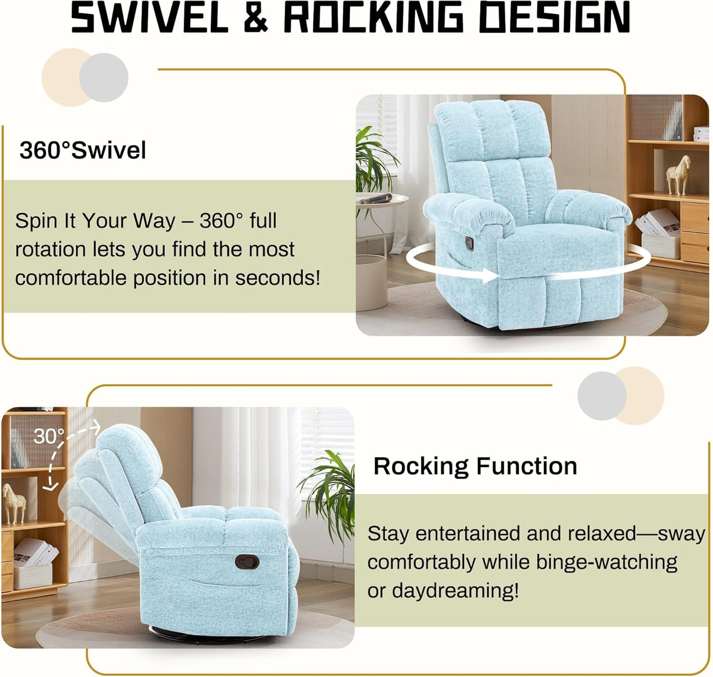 Korser Recliner Chair, Swivel Rocker Recliner Chair for Adults, Small Recliners for Small Spaces, Upholstered Manual Recliner with Side Pockets, Nursery Rocking Chair for Living Room, Chenille, Beige
