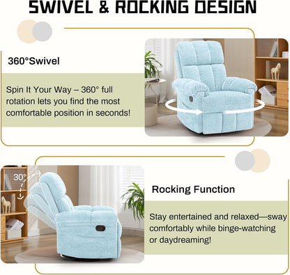 Korser Recliner Chair, Swivel Rocker Recliner Chair for Adults, Small Recliners for Small Spaces, Upholstered Manual Recliner with Side Pockets, Nursery Rocking Chair for Living Room, Chenille, Beige