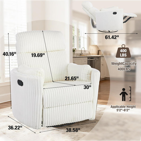 Swivel Rocking Chair for Adults, Oversized Rocker Recliner，Nursery Glider Chair with 2 Pillows, Manual Wide Recliner Single Sofa Barrel Armchair for Living Room, Bedroom, Nursery, White