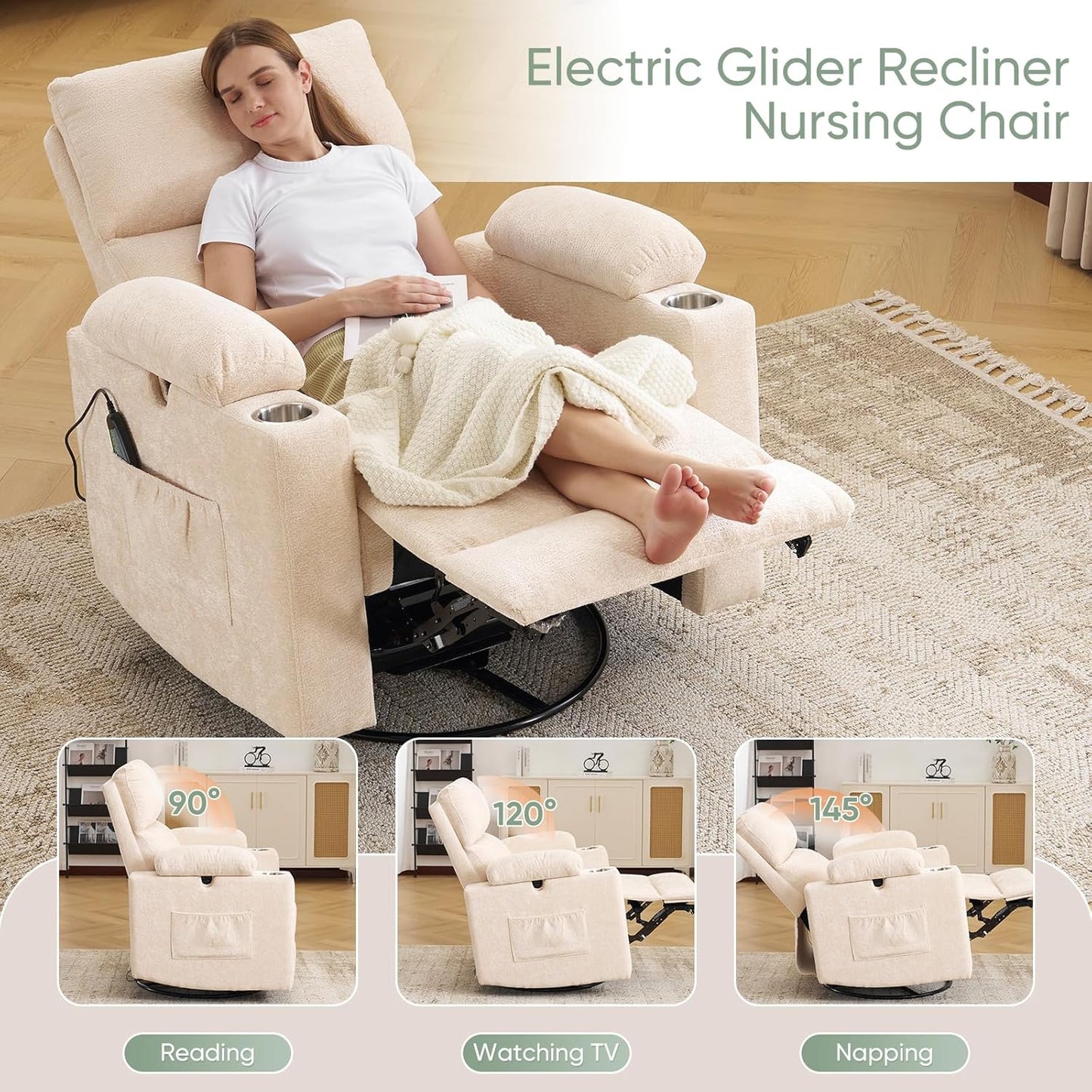 Rocking Chair Nursery with Adjustable Armrest for Breastfeeding, Glider Recliner Nursery Chair with Massage and Heat, Power Swivel Rocker Recliner with Adjustable Headrest, Corduroy, Beige