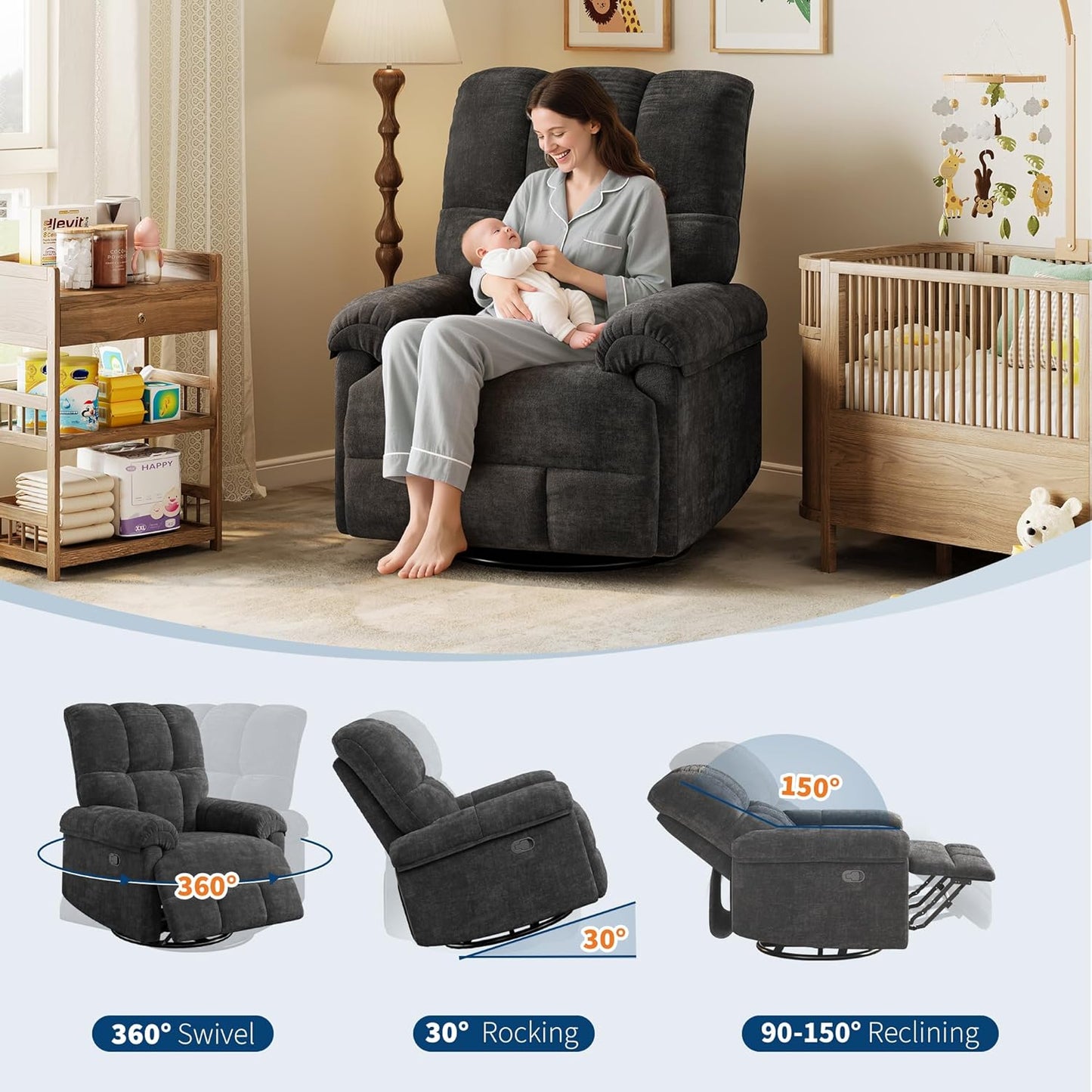 GarveeHome Power Recliner Chair, 270° Swivel Rocking Glider with USB Charging Port, Chenille Upholstered Fabric, Ergonomic Modern Nursery Chair for Living Room, Bedroom, Nursery (Beige)
