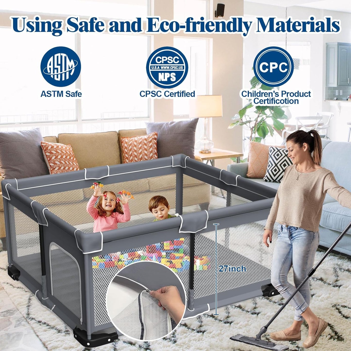 Jixrolyn Small Playpen for Babies and Toddlers, 36"x36", Soft Breathable Mesh, Anti-Slip Base, Mini Baby Play Yard with Pull-Up Ring