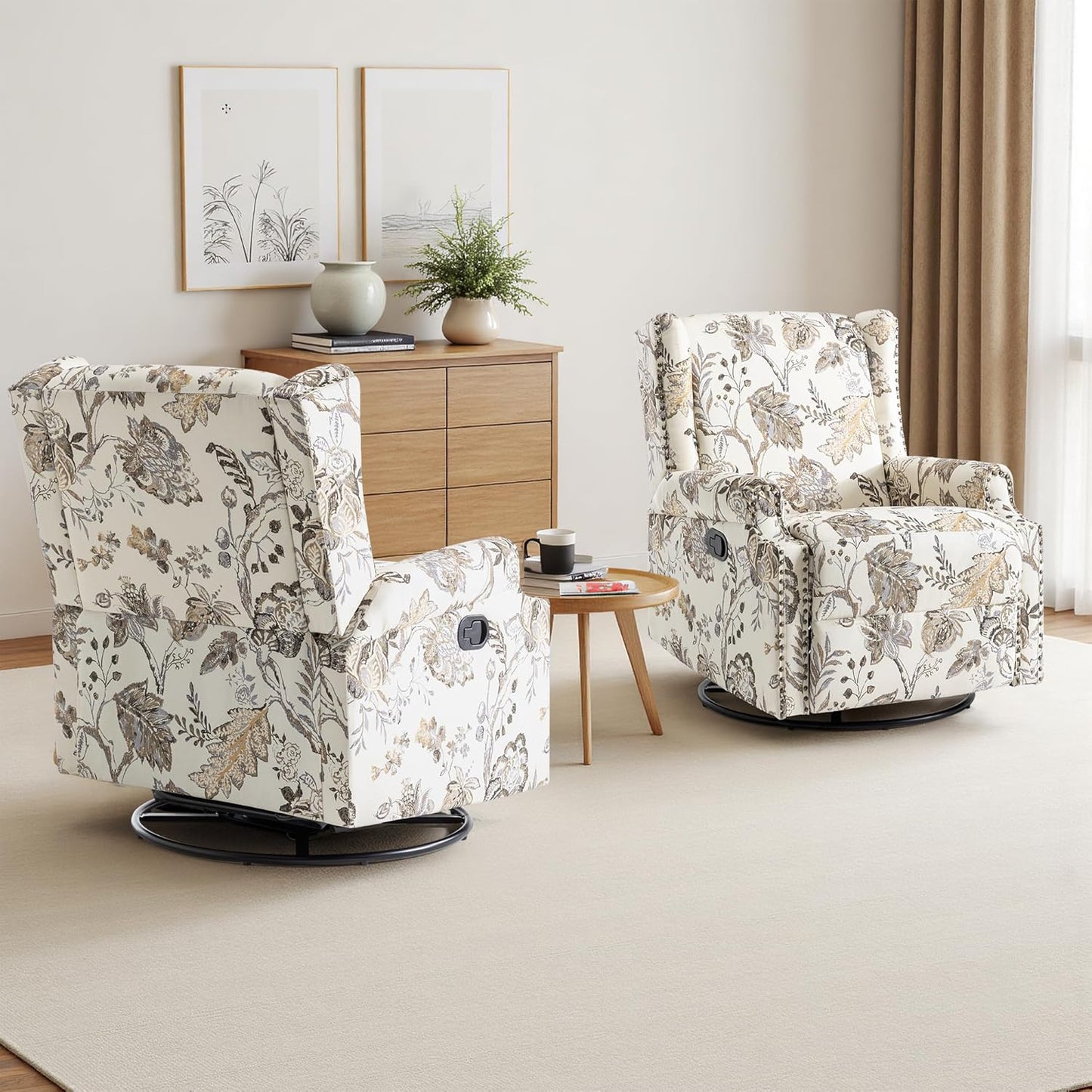 Swivel Rocker Recliner Chair, Manual Nursery Glider Recliner, Floral Fabric Wingback Accent Chair with Adjustable Backrest & Footrest for Small Spaces Living Room Bedroom (Plants Floral, Set of 1)