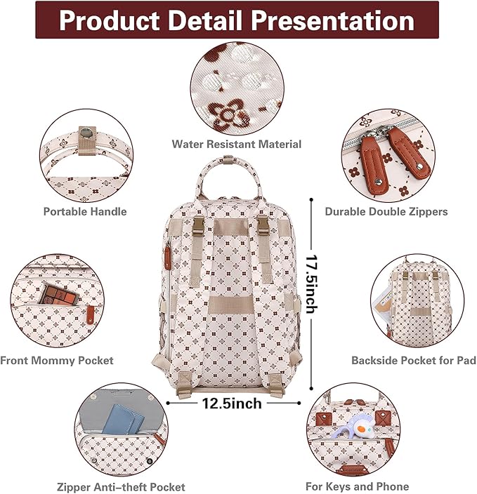 Legestori Baby Diaper Bag Backpack, Baby Bag for Girls Large Capacity with Stylish Flora, Travel Back Pack Multifunction Waterproof, Newborn Baby Registry Shower Gifts, Pink05