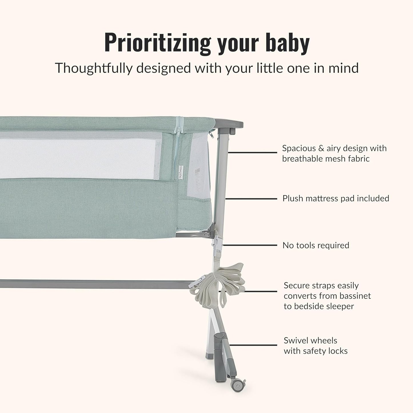Dream On Me Skylar Bassinet and Bedside Sleeper, Adjustable Heights, Breathable Mesh Sides, Plush Mattress Pad, Wheels with Safety Locks & Tool-Free Assembly, Compact Fold & Travel Bag - Pink