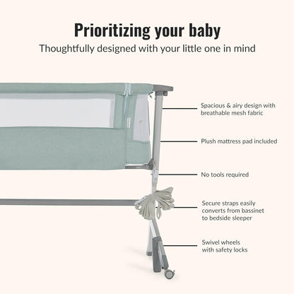 Dream On Me Skylar Bassinet and Bedside Sleeper, Adjustable Heights, Breathable Mesh Sides, Plush Mattress Pad, Wheels with Safety Locks & Tool-Free Assembly, Compact Fold & Travel Bag - Pink