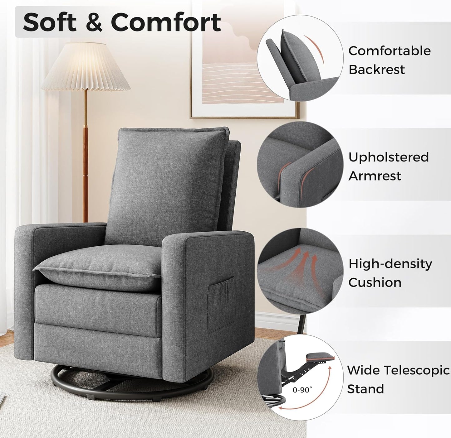Amopatio Swivel Glider Recliner for Indoor, Nursery Rocker Chair Upholstered Single Sofa with Side Pockets and Footrest for Living Room Bedroom