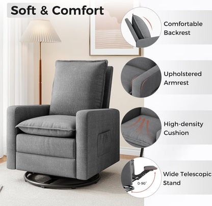 Amopatio Swivel Glider Recliner for Indoor, Nursery Rocker Chair Upholstered Single Sofa with Side Pockets and Footrest for Living Room Bedroom