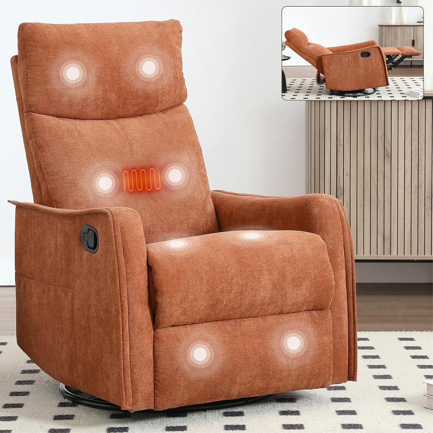 Swivel Rocker Recliner Chair for Adults, Nursery Rocking Chair with Heat and Massage, Glider Reclining Chair for Small Space Living Room Bedroom, Faux Leather Black