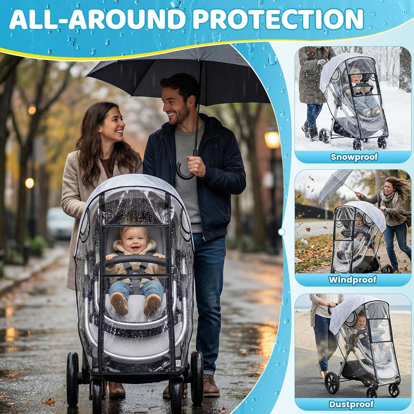 Universal Stroller Rain Cover, Rain Cover for Stroller with Clear Vision, Waterproof Baby Travel Weather Shield with Breathable Ventilation and Easy Access, Thick EVA & PVC Protect from Dust and Snow