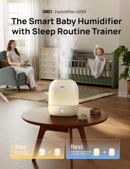 DREO Humidifiers for Bedroom - 30H Max Runtime & RGB Night Light & Sleep Trainer, Ultra Quiet 28dB Cool Mist Humidifier, Top Fill Smart Air Humidifier for Plants, Perfect for Baby & Nursery, HM409S